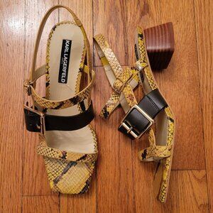 Karl Lagerfeld 8.5M Yellow Snake Print Leather Block Stacked Heel Sandals